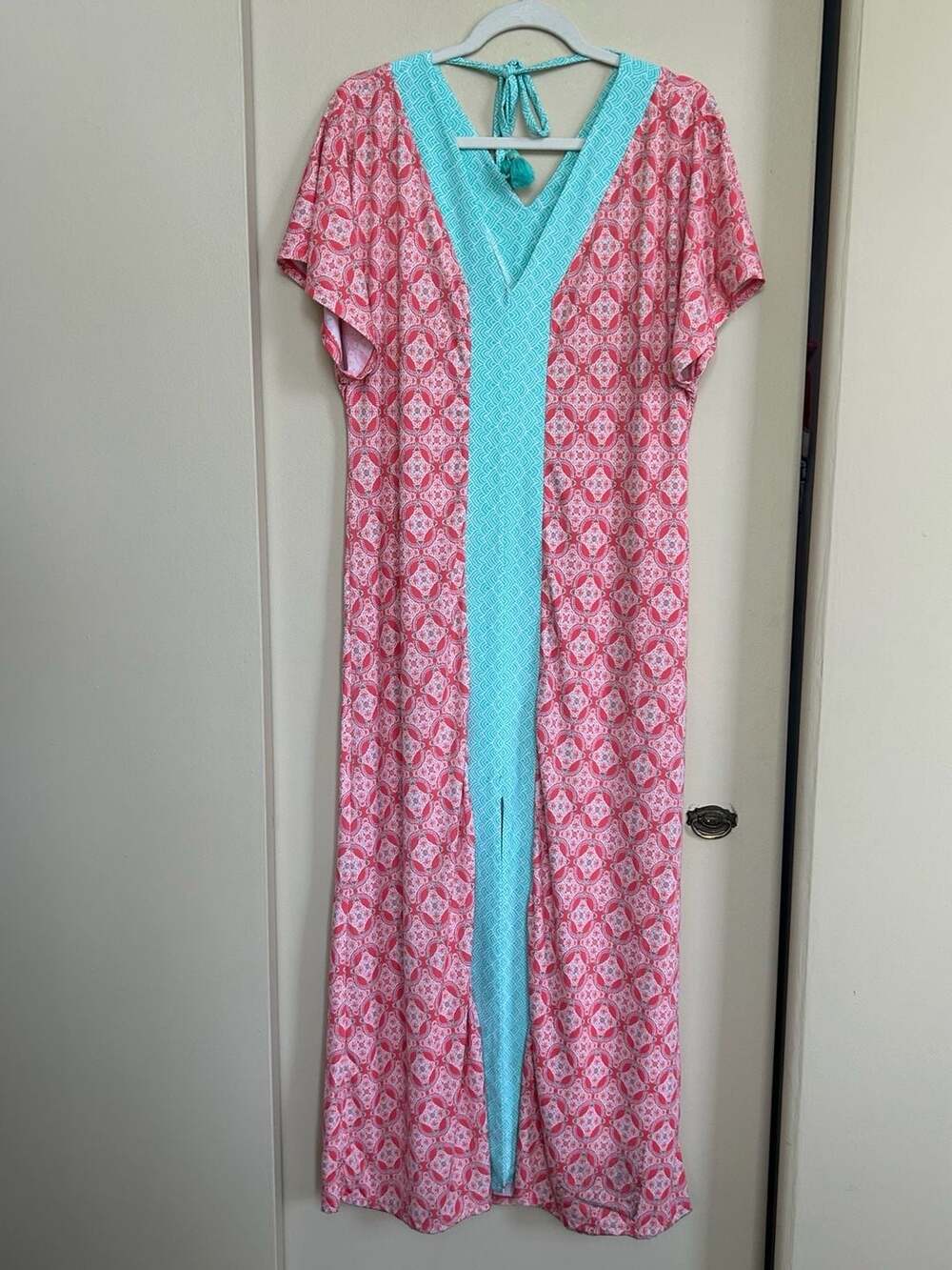 Cabana Life Pink and Teal Patterned Short Sleeve Maxi Cover-Up Dress